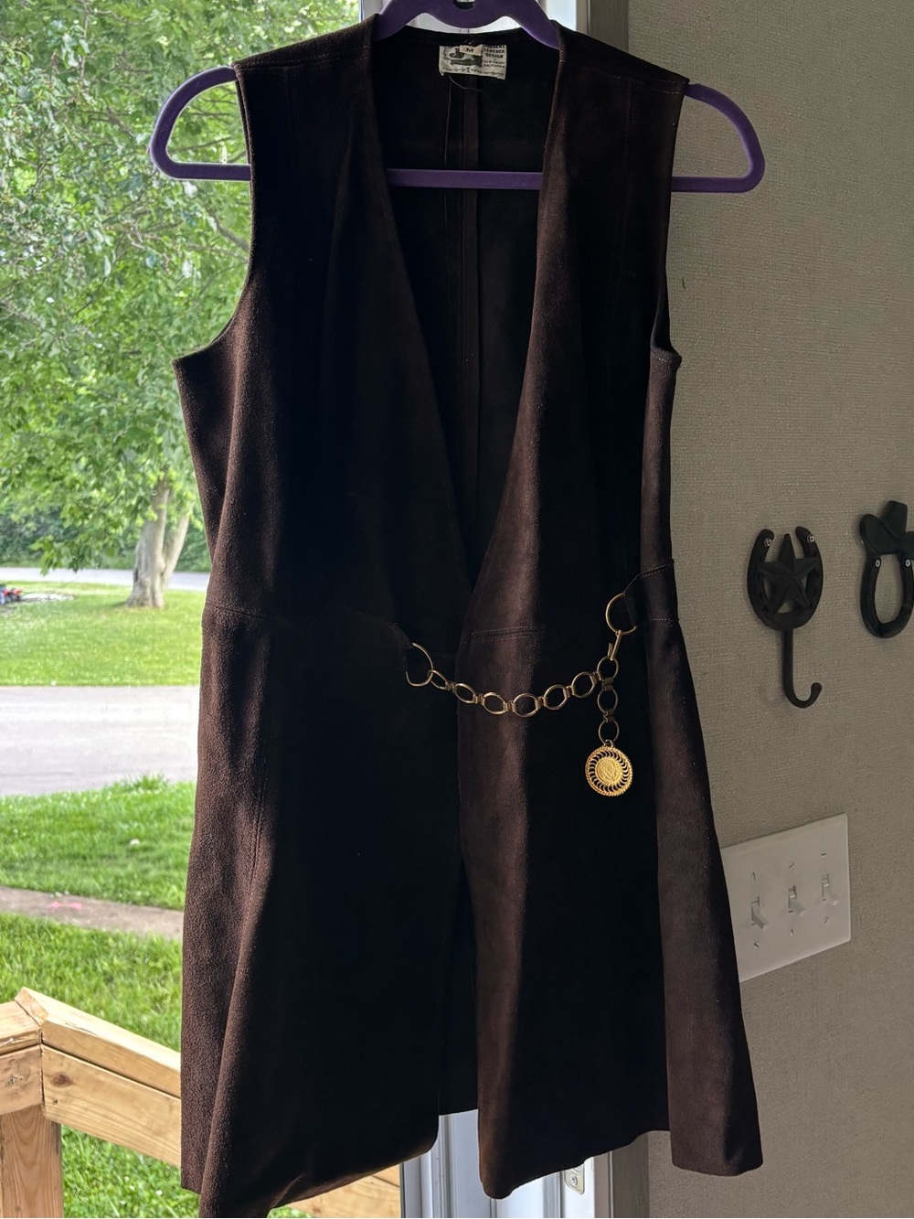 Vintage Sleeveless Suede Dress with Decorative Chain - Brown made in USA